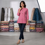 Pink Floral Printed Taj Cotton Short Kurti