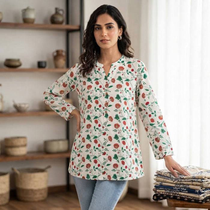 White Floral Printed Taj Cotton Short Kurti