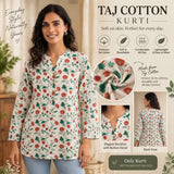 White Floral Printed Taj Cotton Short Kurti