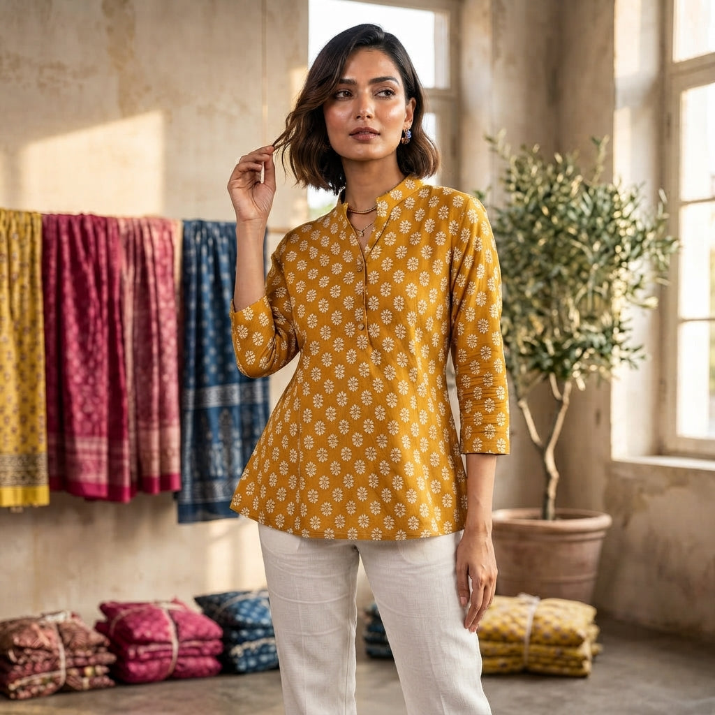 Mustard Yellow Floral Printed Taj Cotton Short Kurti