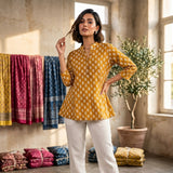 Mustard Yellow Floral Printed Taj Cotton Short Kurti