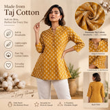 Mustard Yellow Floral Printed Taj Cotton Short Kurti