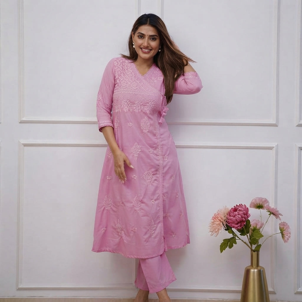 Women’s Pink Chikankari Angrakha Kurta Set with Matching Pants