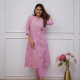 Women’s Pink Chikankari Angrakha Kurta Set with Matching Pants