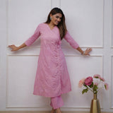 Women’s Pink Chikankari Angrakha Kurta Set with Matching Pants
