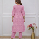 Women’s Pink Chikankari Angrakha Kurta Set with Matching Pants