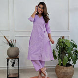 Women’s Lavender Chikankari Angrakha Kurta Set with Matching Pants