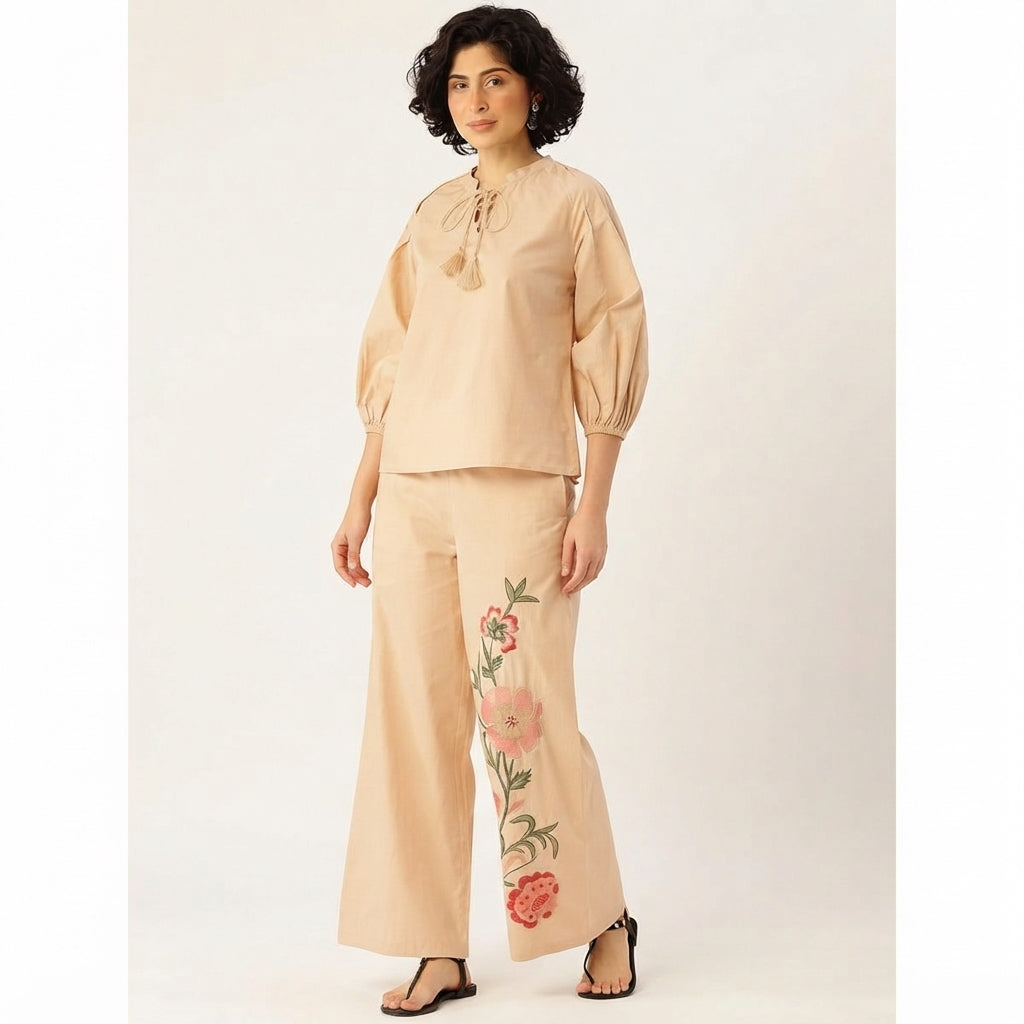 Women’s Beige Floral Embroidered Co-ord Set