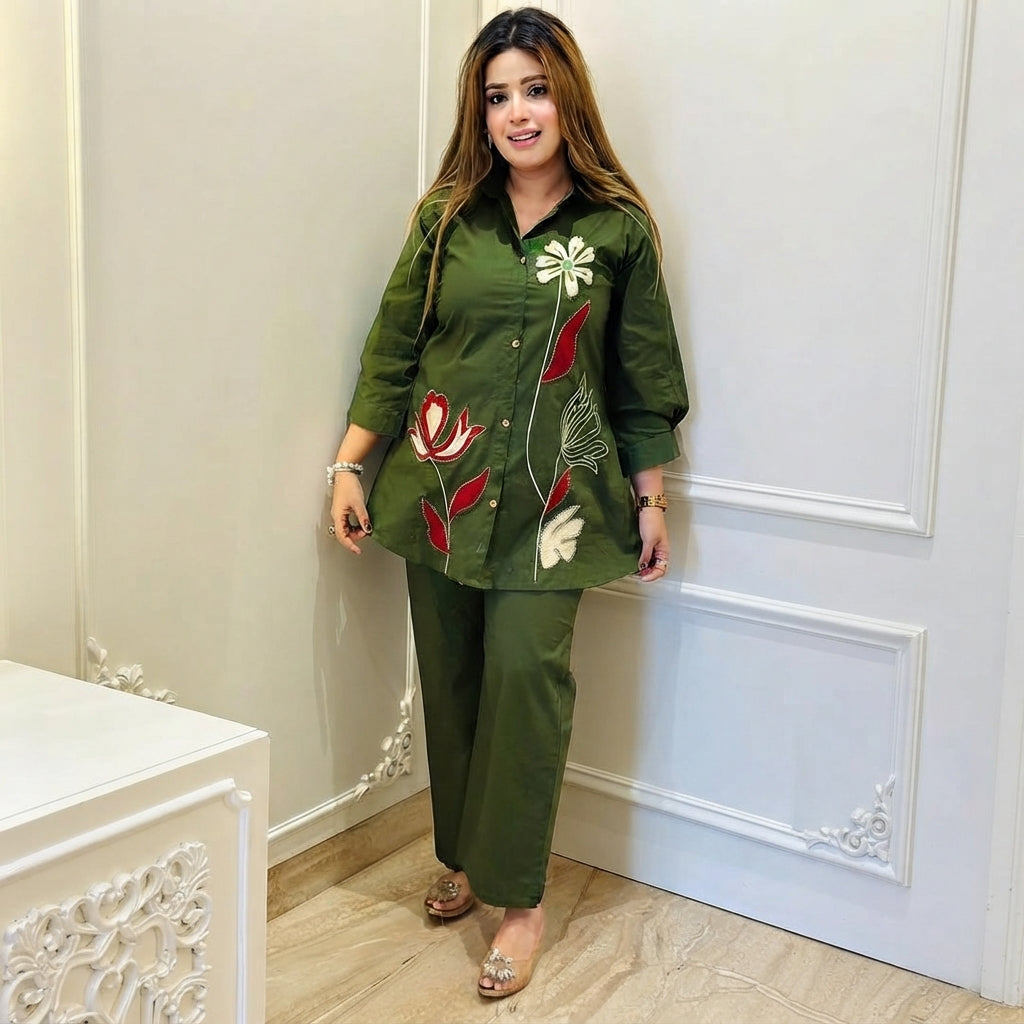 Women’s Olive Green Floral Embroidered Co-ord Set with Wide-Leg Pants
