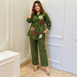 Women’s Olive Green Floral Embroidered Co-ord Set with Wide-Leg Pants