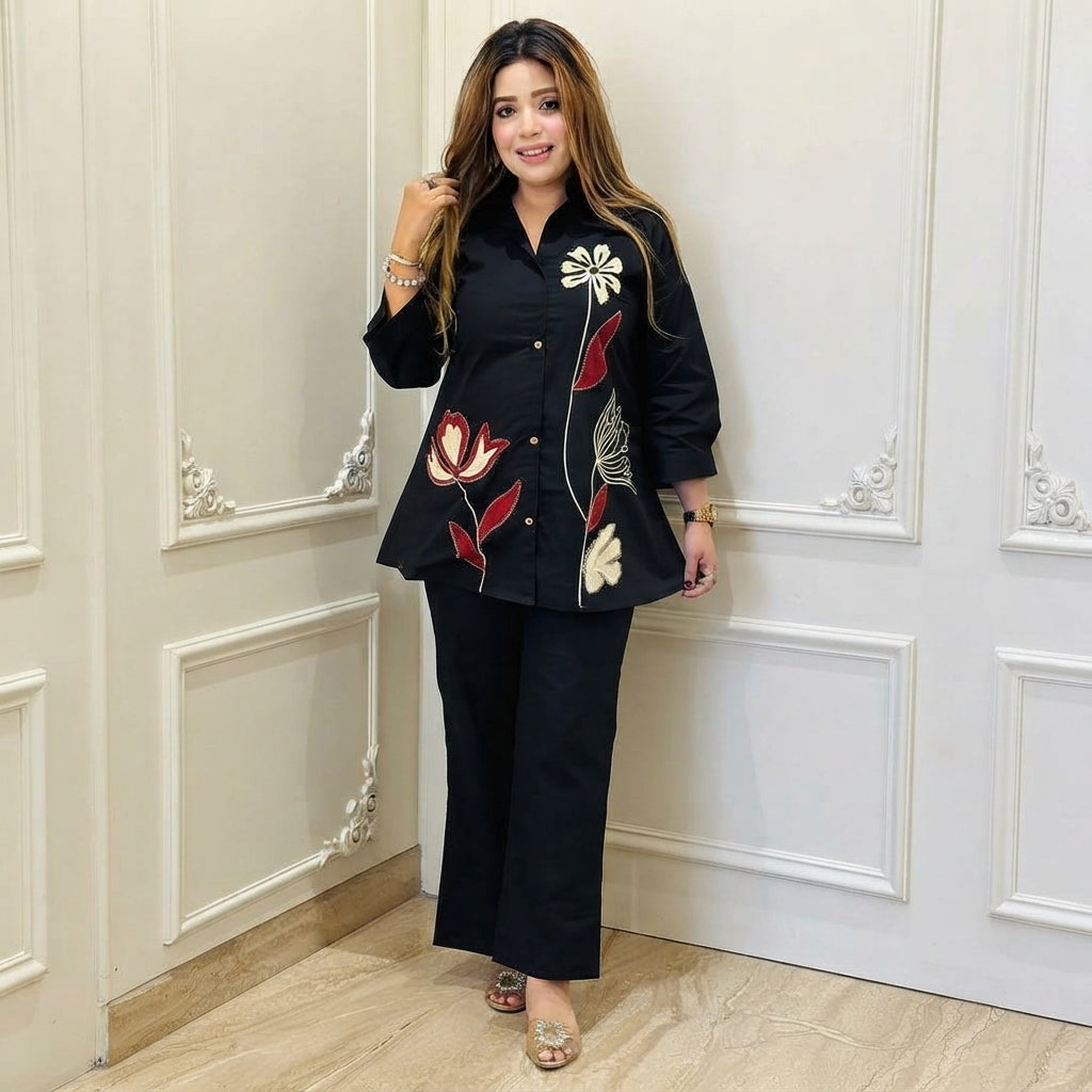 Women’s Black Floral Embroidered Co-ord Set with Wide-Leg Pants