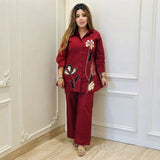 Women’s Wine Red Floral Embroidered Co-ord Set with Straight-Leg Pants