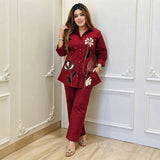 Women’s Wine Red Floral Embroidered Co-ord Set with Straight-Leg Pants