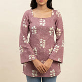 Women’s Mauve Floral Printed Short Kurti with Square Neck & Lace-Up Back