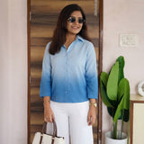 Women’s Sky Blue Solid Shirt Style Short Kurti with Button Front