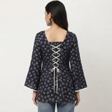 Women’s Navy Blue Floral Printed Short Kurti with Lace Neck & Back Tie-Up