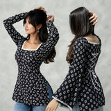 Women’s Navy Blue Floral Printed Short Kurti with Lace Neck & Back Tie-Up