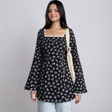 Women’s Navy Blue Floral Printed Short Kurti with Lace Neck & Back Tie-Up
