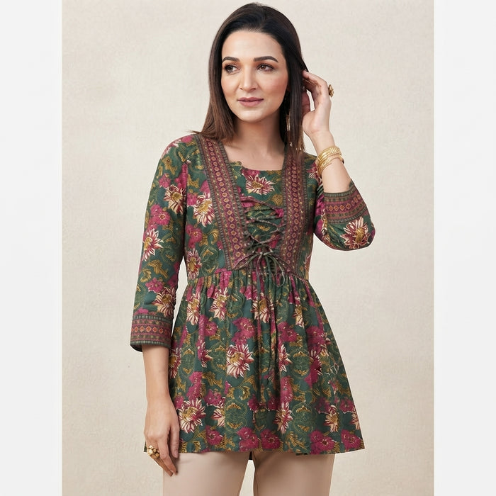 Women’s Green Floral Printed Short Kurti with Waist Tie-Up & 3/4 Sleeves