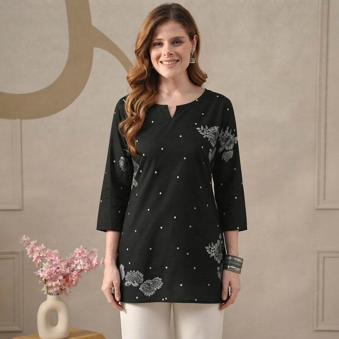 Women’s Black Floral Printed Short Kurti with 3/4 Sleeves