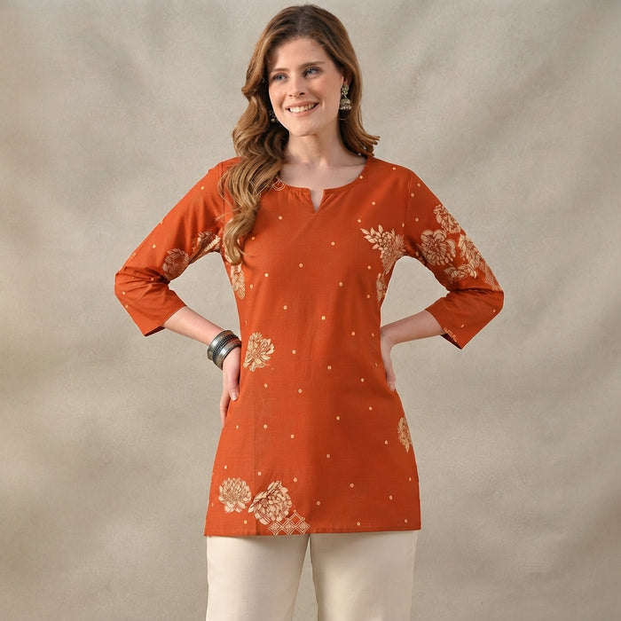 Women’s Orange Floral Printed Short Kurti with 3/4 Sleeves
