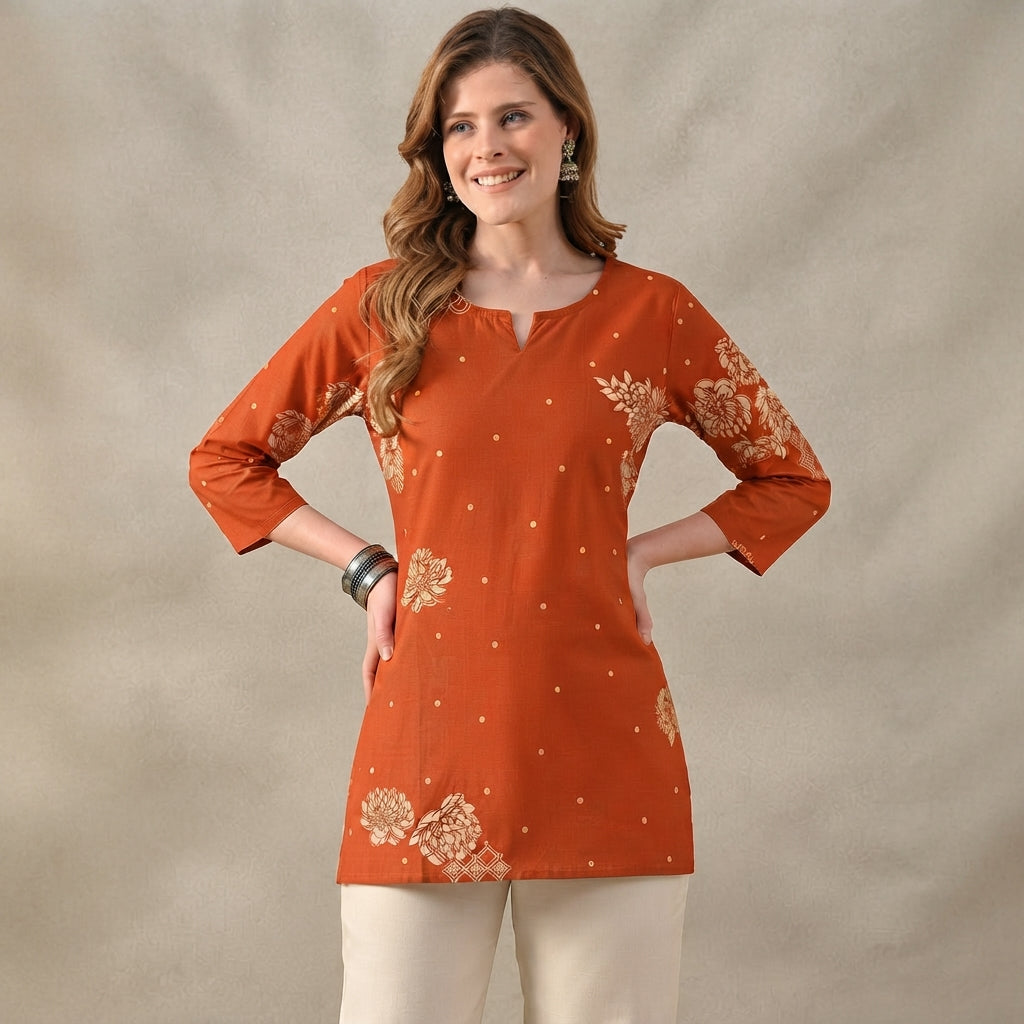 Women’s Orange Floral Printed Short Kurti with 3/4 Sleeves