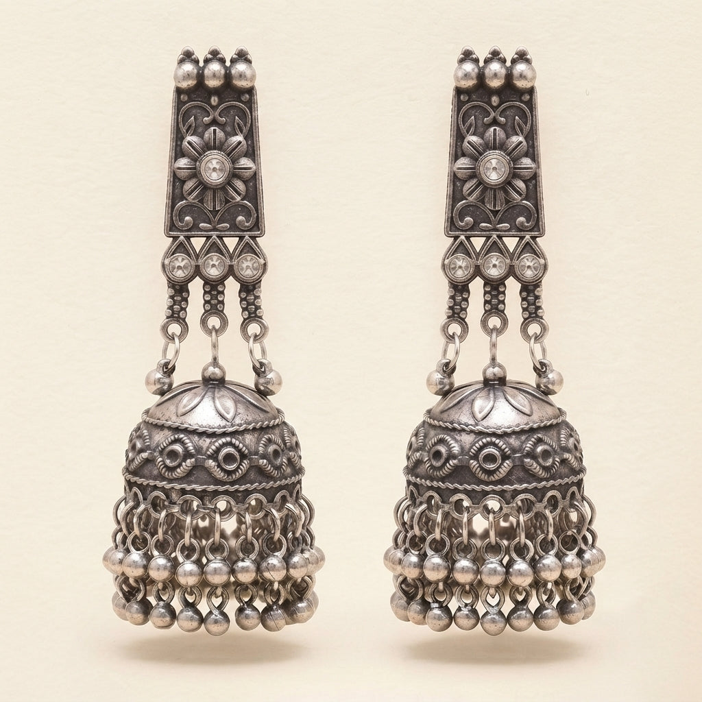 Oxidised Floral Dome Jhumka Earrings