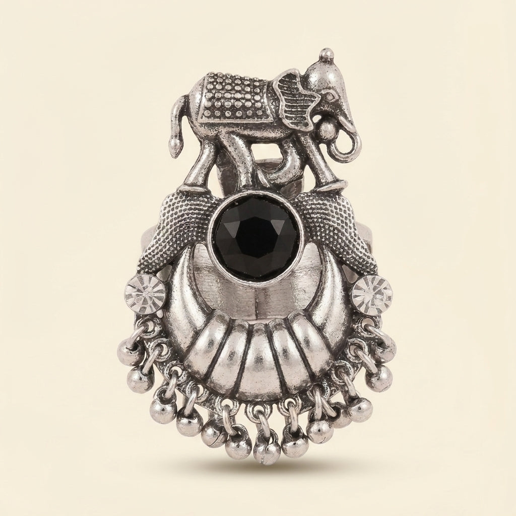 Rajwada Black Stone Elephant Oxidised Ring
