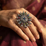 Rangoli Gemstone Oxidised Statement Ring