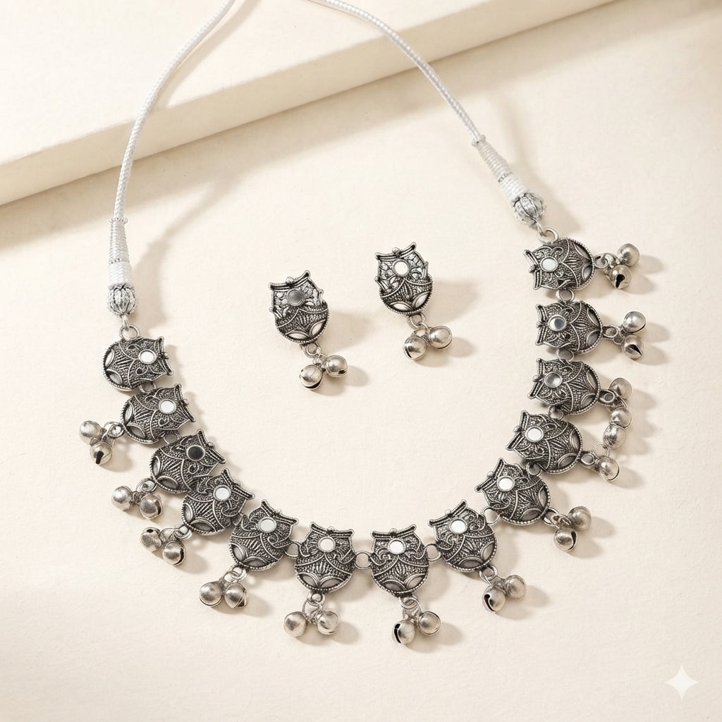 Oxidised Silver Owl Necklace Set