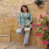 Sage Green Ikat Print Taj Cotton Flared Short Kurti