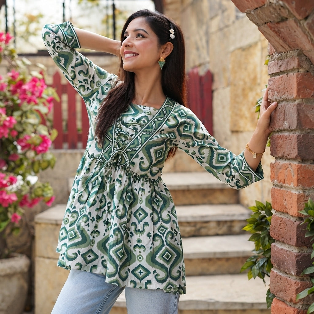Sage Green Ikat Print Taj Cotton Flared Short Kurti