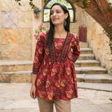 Maroon Floral Heritage Taj Cotton Peplum Short Kurti