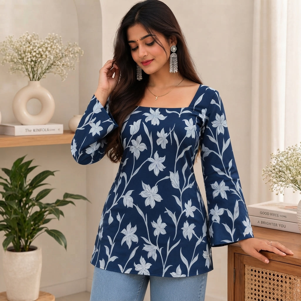 Midnight Bloom Navy Blue Taj Cotton Lace-Up Short Kurti
