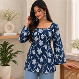 Midnight Bloom Navy Blue Taj Cotton Lace-Up Short Kurti