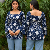 Midnight Bloom Navy Blue Taj Cotton Lace-Up Short Kurti