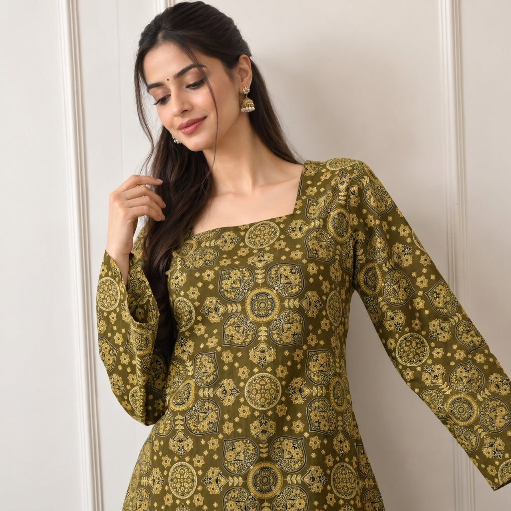 Olive Paisley Taj Cotton Lace-Up Short Kurti
