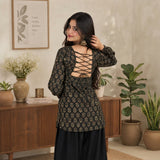 Midnight Olive Block Print Lace-Up Back Short Kurti