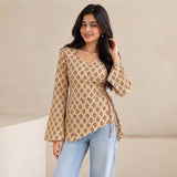 Beige Floral Buti Printed Wrap Style Short Kurti