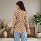 Beige Floral Buti Printed Wrap Style Short Kurti
