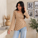 Beige Floral Buti Printed Wrap Style Short Kurti