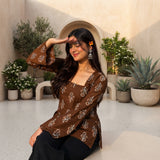 Mocha Brown Paisley Floral Printed Taj Cotton Short Kurti