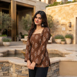 Mocha Brown Paisley Floral Printed Taj Cotton Short Kurti