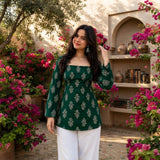 Emerald Green Floral Buti Printed Taj Cotton Short Kurti