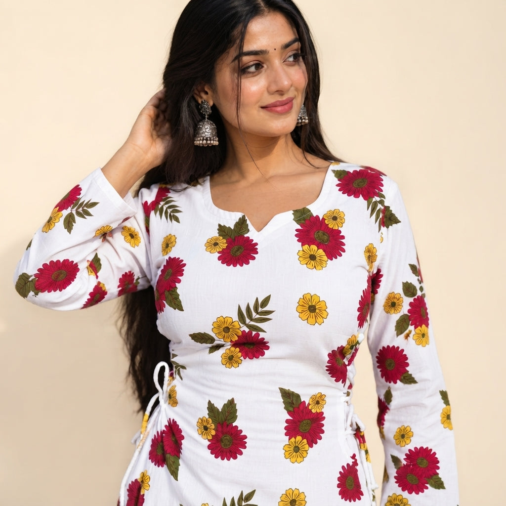 Ivory Bloom Printed Taj Cotton Flared Short Kurti
