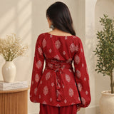 Crimson Paisley Print Tie-Back Flared Sleeve Short Kurti