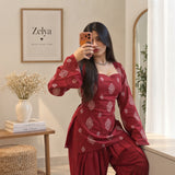 Crimson Paisley Print Tie-Back Flared Sleeve Short Kurti