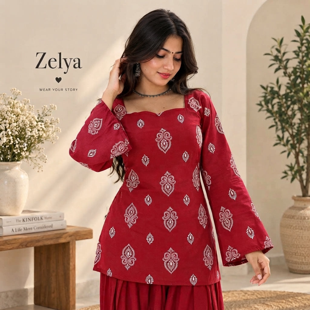 Crimson Paisley Print Tie-Back Flared Sleeve Short Kurti