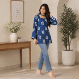 Indigo Leaf Motif Lace-Up Back Short Kurti