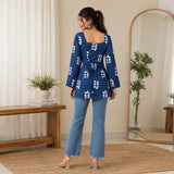 Indigo Leaf Motif Lace-Up Back Short Kurti